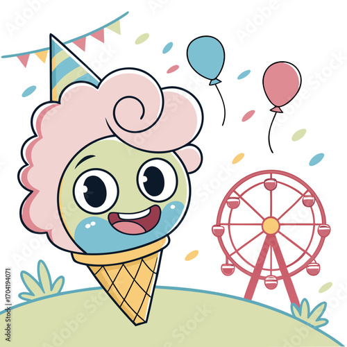 A cheerful cartoon ice cream cone character wearing a party hat and surrounded by balloons confetti and a ferris wheel celebrating a fun day at the amusement park