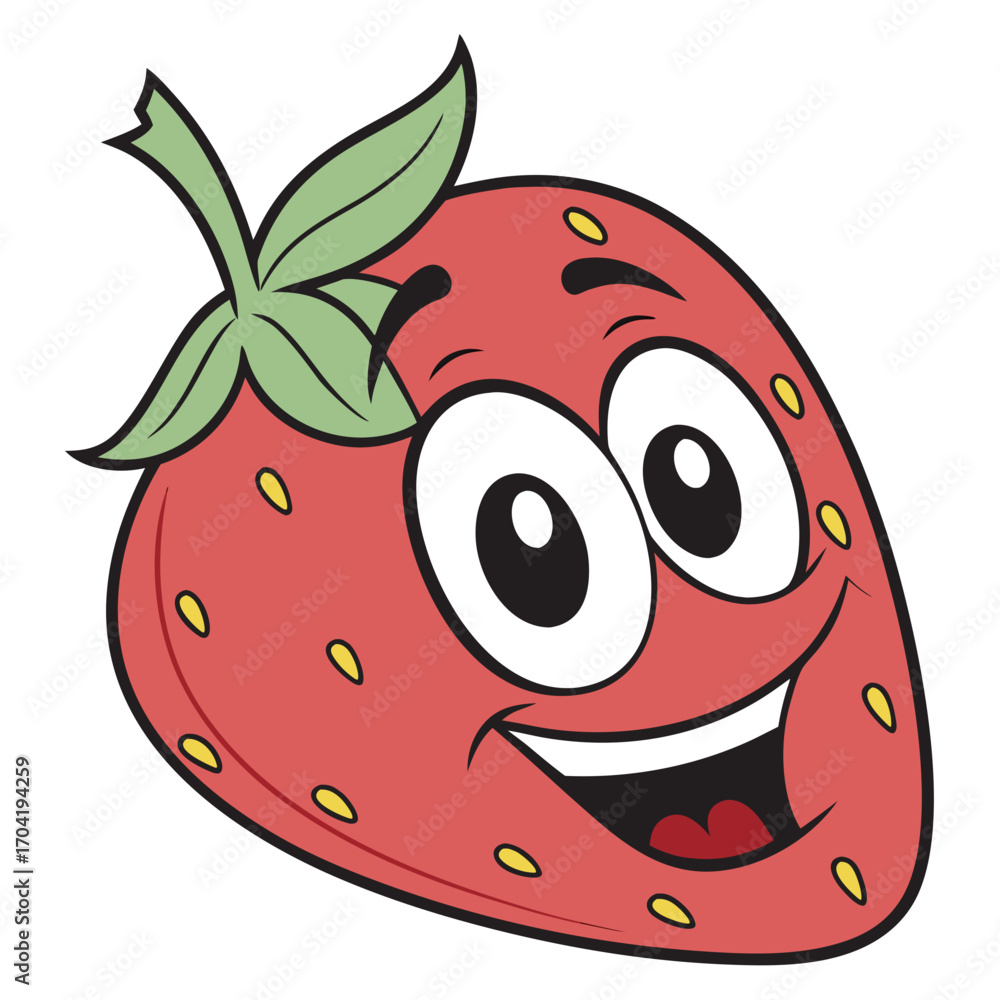 Obraz premium A cheerful cartoon strawberry character with big eyes and a wide smile representing joy and happiness in a fun and playful illustration