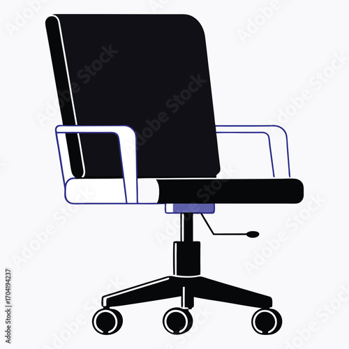 Vector art of modern illustration of a dark blue office chair with armrests and wheels, representing workspace and furniture
