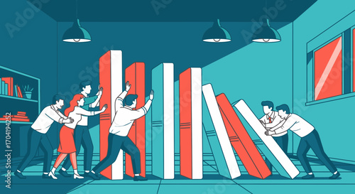 Business teams push against falling dominoes in a metaphorical representation of crisis management, teamwork, and problem-solving in a corporate office setting.