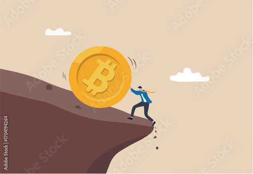 Pushing Bitcoin prevent from price falling down, cryptocurrency risk, fluctuation or volatility, crypto crisis or panic sales concept, businessman investor push Bitcoin from falling down the cliff.