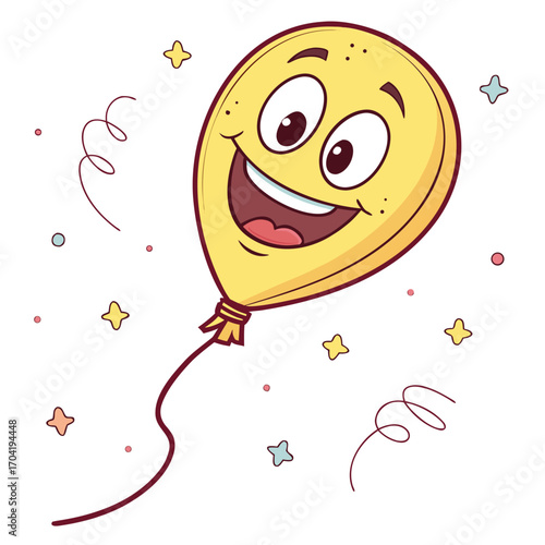 A cheerful cartoon yellow balloon with a wide happy smile and big eyes floating amidst confetti and swirling streamers celebrating a joyous occasion with a festive and playful atmosphere