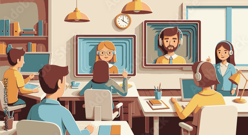 Illustration of a modern office with employees at desks engaged in video conferencing and customer support.
