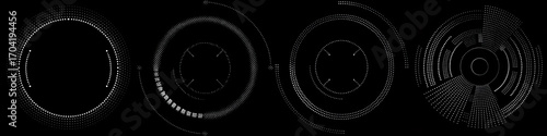 Dot hud set on black background minimalist circular data visualization glowing ring with dotted radial pattern evoking futuristic interface