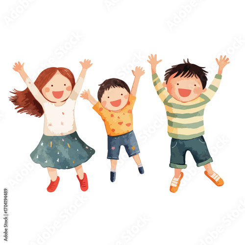 Joyful Watercolor Children Leaping with Arms Raised High (1)