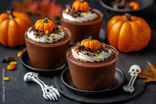 Spooky halloween chocolate mousse decorated with mini pumpkins and whipped cream