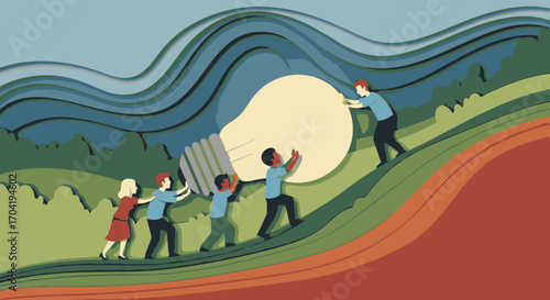 A diverse group of people working together, pushing a large lightbulb up a hill, symbolizing teamwork, innovation, and shared goals.