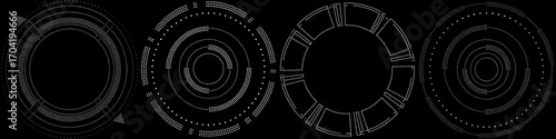 Dot hud set on black background circular digital interface with dotted rings and geometric accents conveying futuristic tech mood