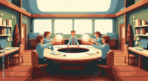 A team of professionals in a retro-futuristic control room meeting around a circular table, interacting with glowing orbs of light.