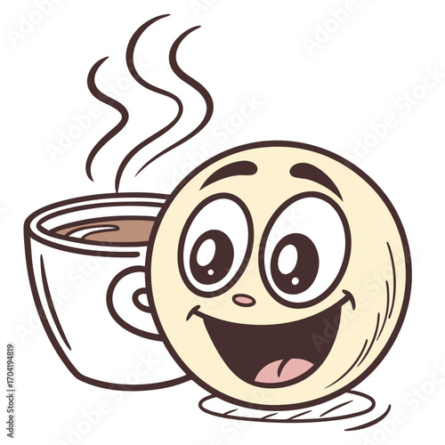 A cheerful smiling cartoon character with big eyes and a wide open mouth happily enjoying a steaming cup of hot coffee representing morning energy and a positive start to the day