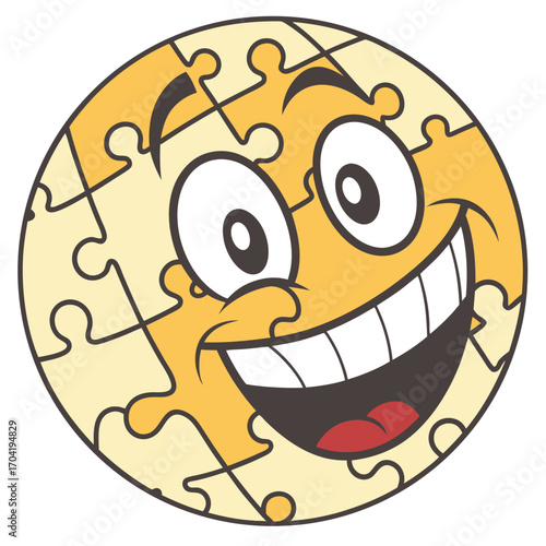 A cheerful round cartoon puzzle piece character with a wide happy smile and big eyes representing joy and problem solving in a playful way