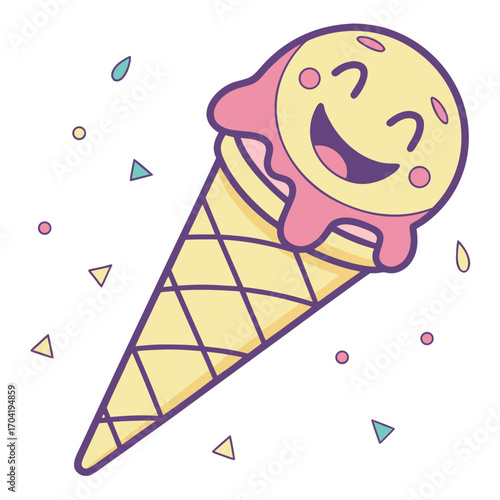 A cheerful smiling ice cream cone with pink strawberry topping and a yellow waffle cone surrounded by colorful confetti and sprinkles perfect for summer fun and sweet treats