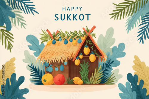 Celebrate Sukkot with a vibrant flat vector illustration showing a traditional sukkah adorned with fruits and greenery, reflecting the joy of the Feast of Tabernacles