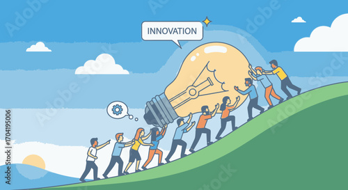 A diverse team collaborates to push a giant lightbulb of innovation up a hill, symbolizing teamwork, collective effort, and progress towards a common goal.