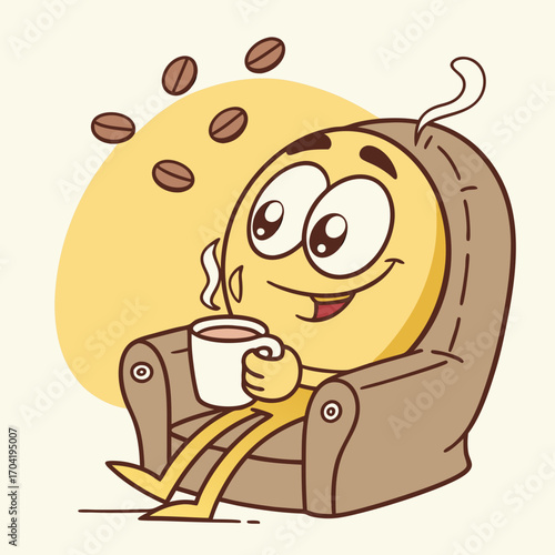 A cheerful yellow cartoon character with big eyes and a smile relaxing in a comfortable armchair while holding a steaming cup of coffee and surrounded by coffee beans