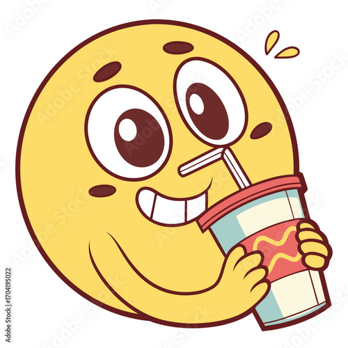 A cheerful yellow cartoon emoji character with wide eyes and a big smile happily drinking from a cup with a straw conveying enjoyment and refreshment