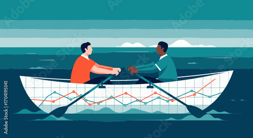 Two diverse businessmen rowing a boat with a financial chart, symbolizing teamwork and navigating economic waters together.