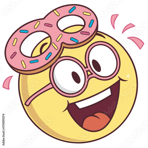 A cheerful yellow emoji character wearing pink glasses and a pink donut shaped mask on its head conveying excitement and joy with a wide open mouth and sparkling eyes