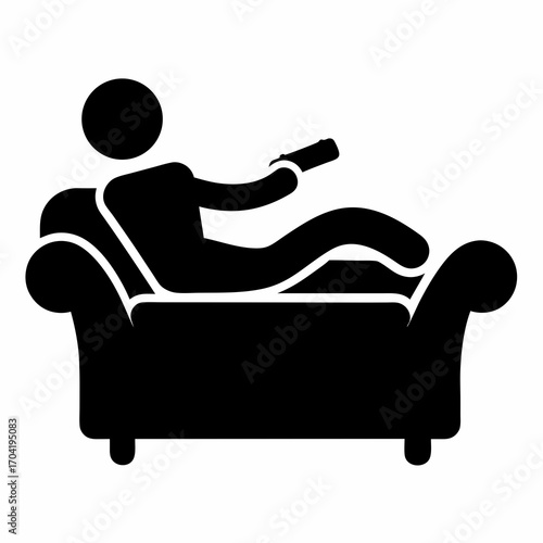 Person relaxing on a couch holding a remote control watching television icon