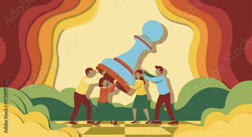 A diverse team collaborates to lift a giant chess pawn, symbolizing teamwork, strategy, and collective effort.