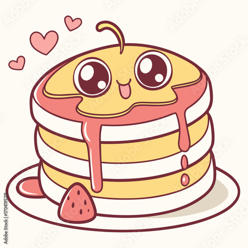 A cute and happy stack of pancakes with pink syrup and a strawberry slice on a plate surrounded by floating pink hearts perfect for breakfast or dessert themes