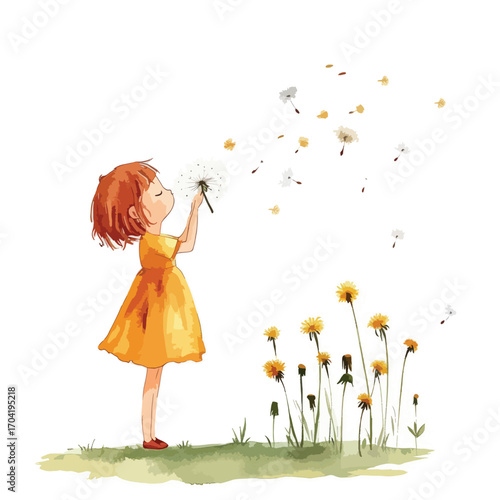 Little Girl in Yellow Dress Blowing Dandelion Seeds