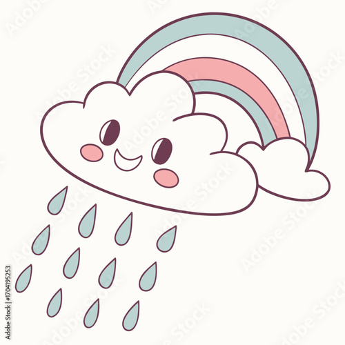 A cute cartoon cloud with a happy face and blush cheeks showers rain under a pastel rainbow with soft pink and blue stripes on a light cream background