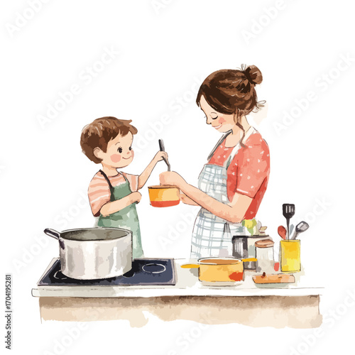 Mother and Child Cooking Together Sharing a Joyful Culinary Moment