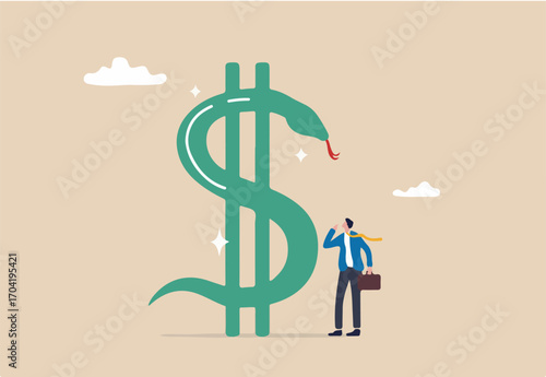 Financial risk, gambling money or investment risk, danger money game, opportunity to make profit and lose money concept, businessman investor looking at giant snake dollar sign and think wisely.