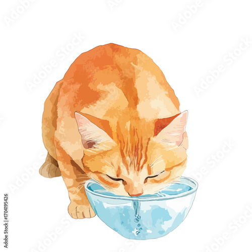 Orange tabby cat drinking water from a blue glass bowl with eyes closed