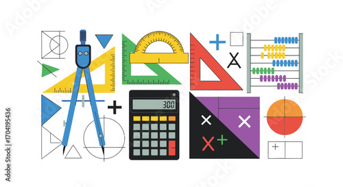An assortment of colorful math and geometry tools including a calculator, compass, and protractor.