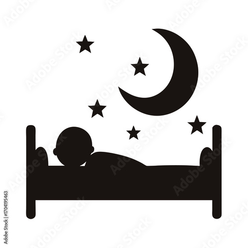 Silhouette of a person sleeping in bed under the moon and stars
