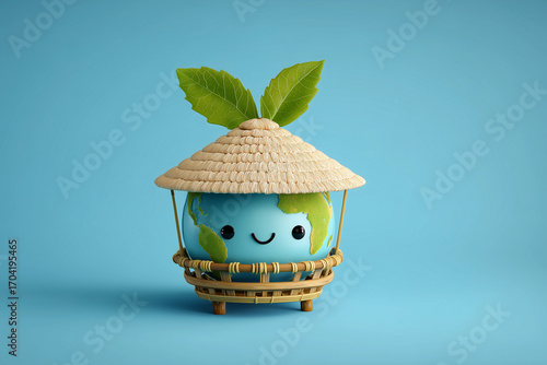 Cartoon globe adorned with a sukkah roof hat celebrating Sukkot and symbolizing unity and joyful festivities around the world