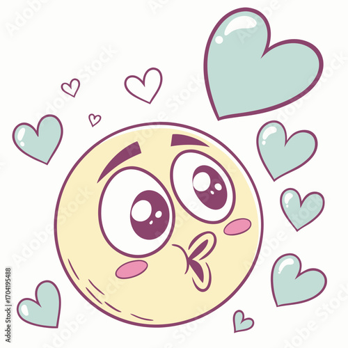 A cute cartoon yellow smiley face with big purple eyes and rosy cheeks puckers its lips to send a kiss surrounded by pastel blue and purple hearts on a white background