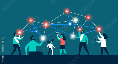A diverse group of people interacting with a glowing abstract digital network, symbolizing connection and technology.
