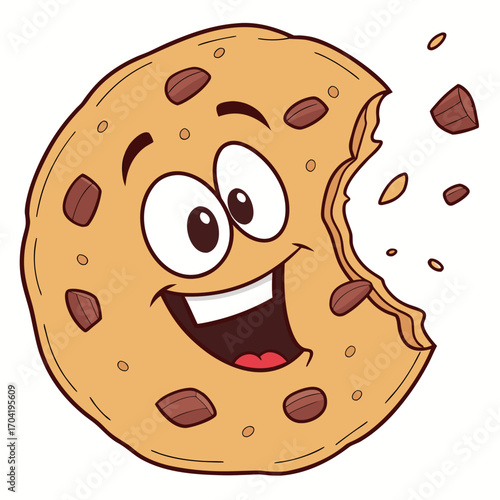 A happy cartoon chocolate chip cookie character with a bite taken out of it showing crumbs flying off perfect for food related designs and children s content