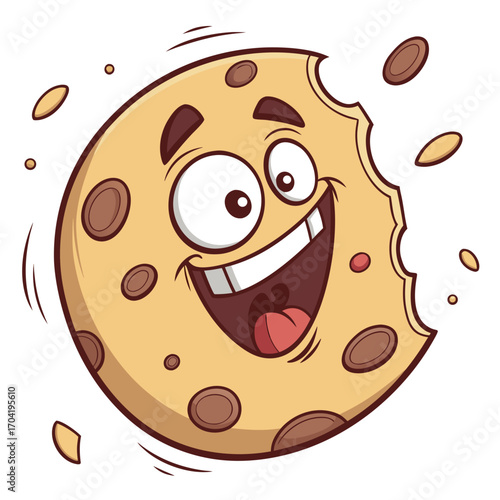 A happy cartoon chocolate chip cookie with a big smile and wide eyes missing a bite with crumbs flying around it isolated on a white background conveying joy and deliciousness