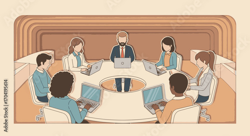 A diverse team of business professionals collaborating on laptops around a circular table in a modern conference room.