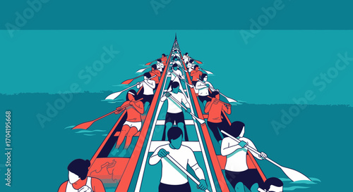 Stylized illustration of a large team rowing in unison in a long boat, showcasing teamwork and synchronization on the water.