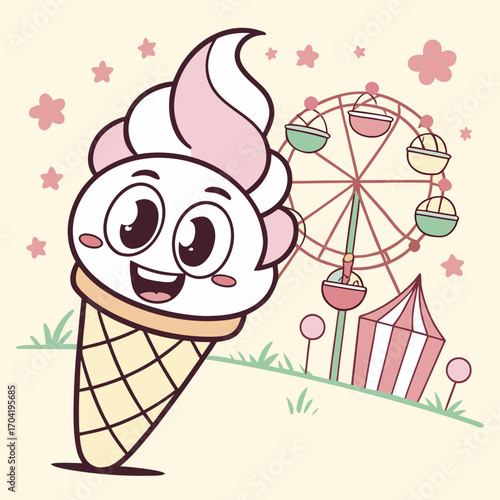 A happy cartoon ice cream cone character with a cheerful expression stands in front of a whimsical amusement park scene featuring a ferris wheel and a striped tent