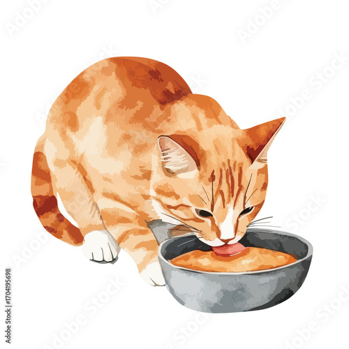Orange Tabby Cat Lapping Food from a Gray Bowl with Pink Tongue