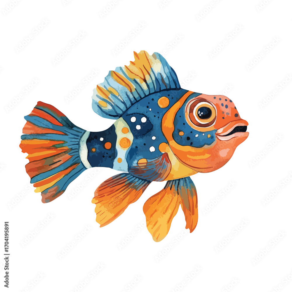 Fototapeta premium Ornate Watercolor Fish with Blue Scales and Orange Fins Detailed Illustration