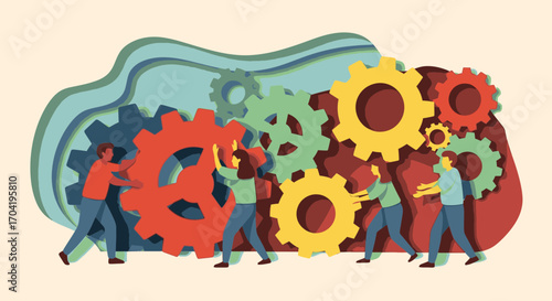 A diverse team of people collaborating to assemble a complex gear mechanism, symbolizing teamwork, innovation, and progress.