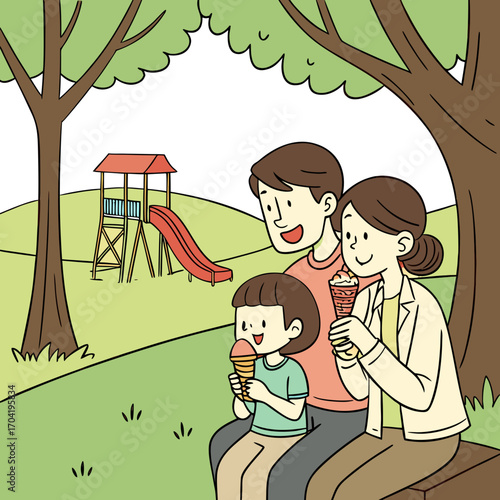 A happy family of three enjoying ice cream cones together while sitting on a park bench under a large tree with a playground in the background