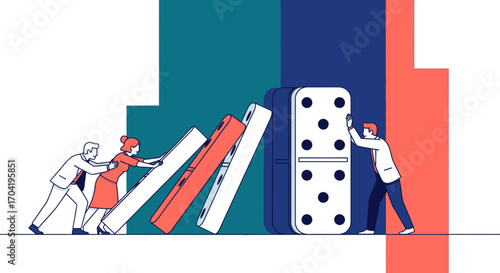 Business team works together to stop a chain reaction domino effect, representing crisis management and risk prevention.