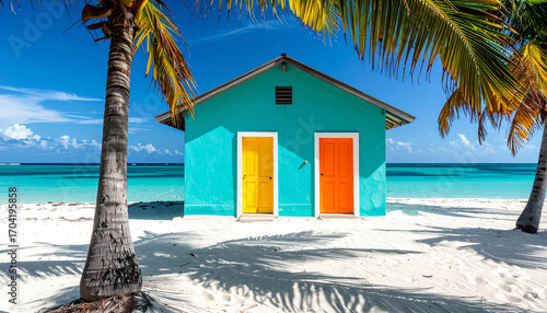 Fototapeta Naklejka Na Ścianę i Meble -  Idyllic tropical getaway with a colorful cabana on a pristine white sand beach next to a calm turquoise sea