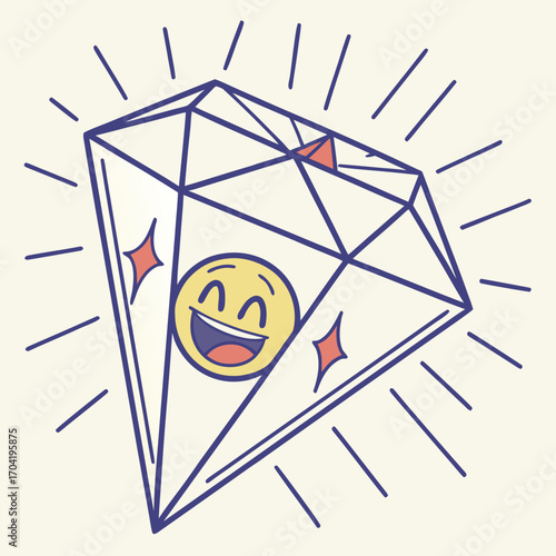 A happy smiling emoji face is depicted inside a large sparkling diamond gemstone radiating light and joy with a simple flat design style and a light cream background