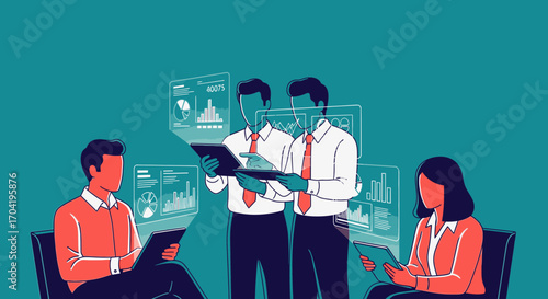 Business team in a meeting analyzing data on tablets and interacting with futuristic holographic interfaces.