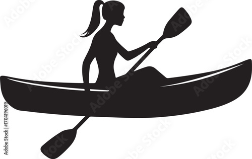 Girl Paddling Canoe Silhouette on Transparent Background