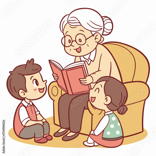 A loving grandmother wearing glasses sits on a comfortable armchair reading a book to her attentive grandson and granddaughter who are sitting on the floor listening with joy and excitement
